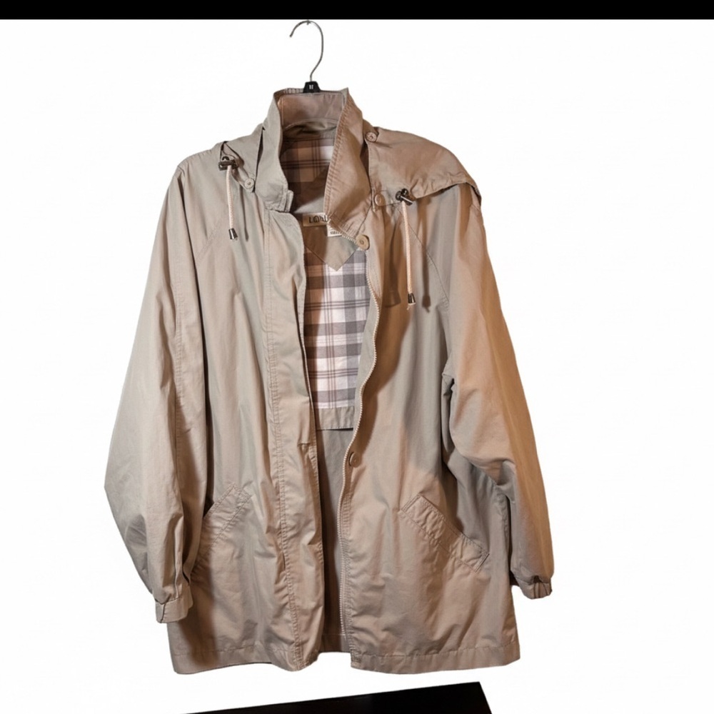 London Fog Vintage Tan Hooded Women’s Windbreaker Jacket Plaid Lined Large - Picture 1 of 8